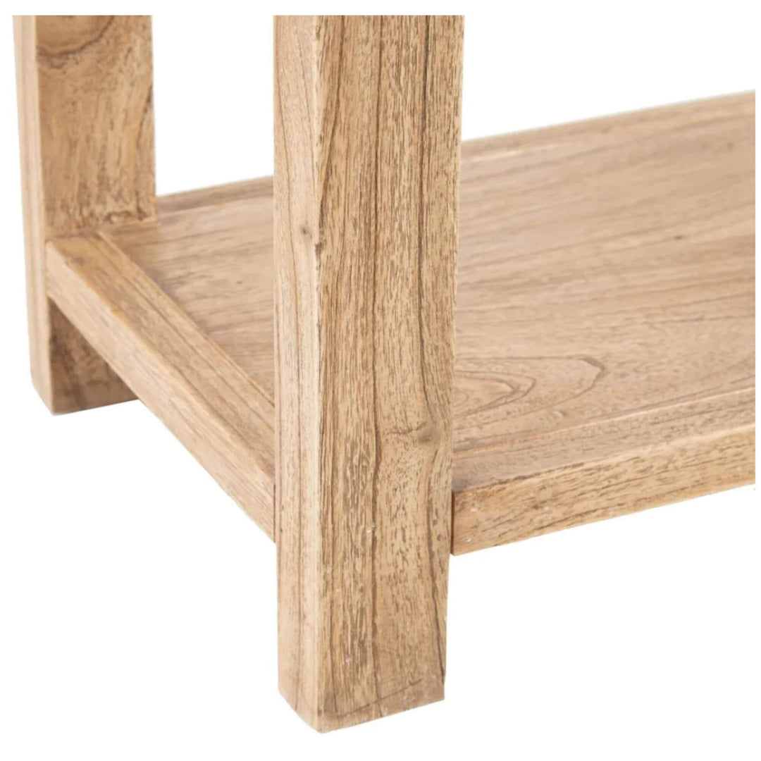 Side view of bottom wooden console table with open shelf