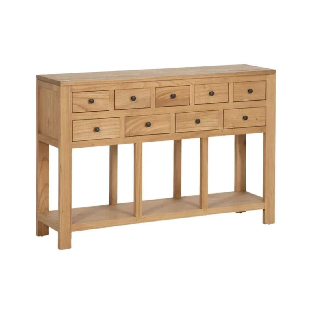Angled view of Mindi wood console table with multiple small drawers