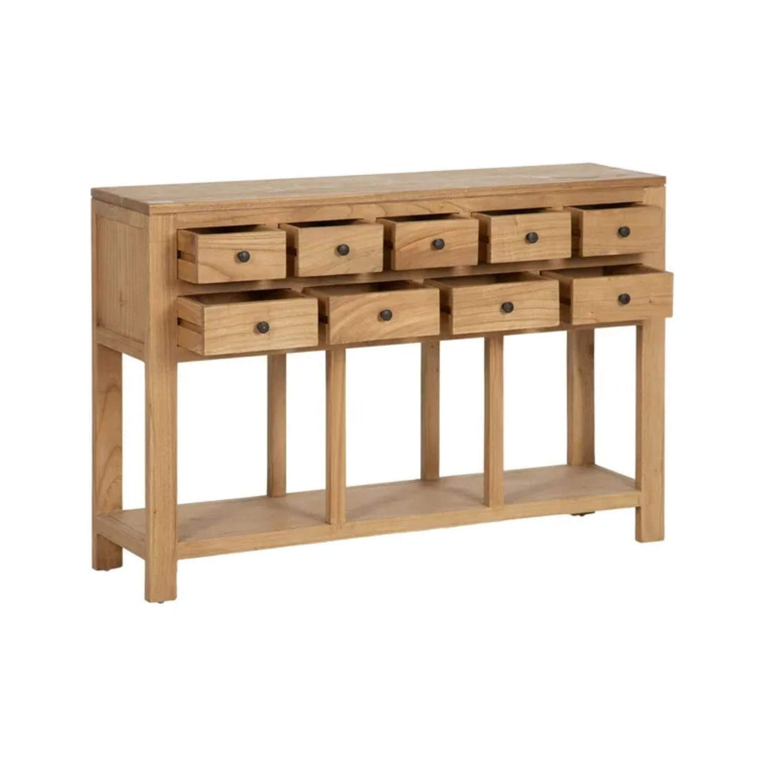 Angled view of console table with drawers partially open