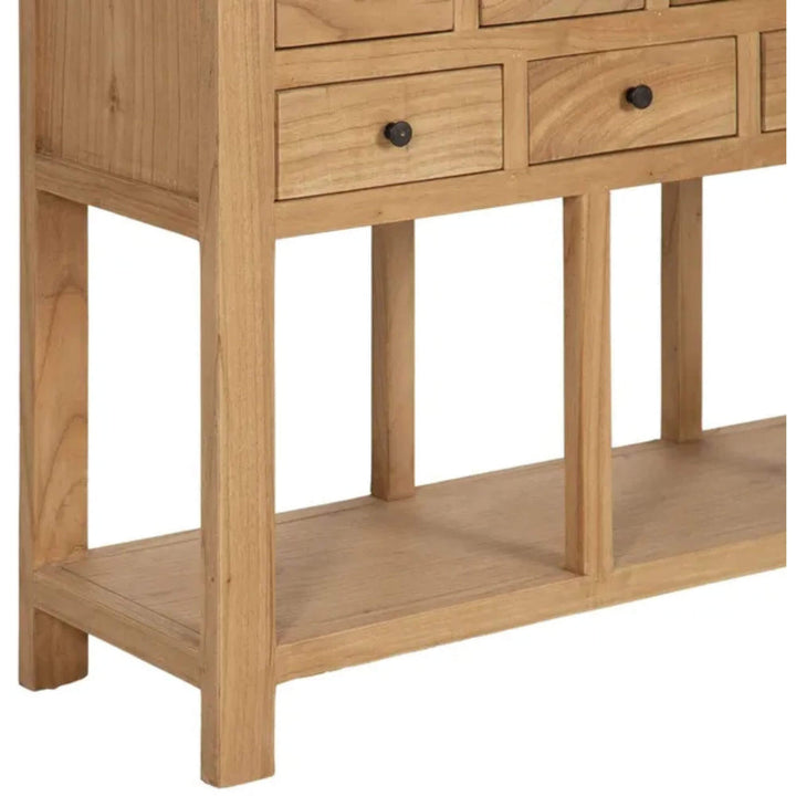 Side view of wooden console table with vertical supports