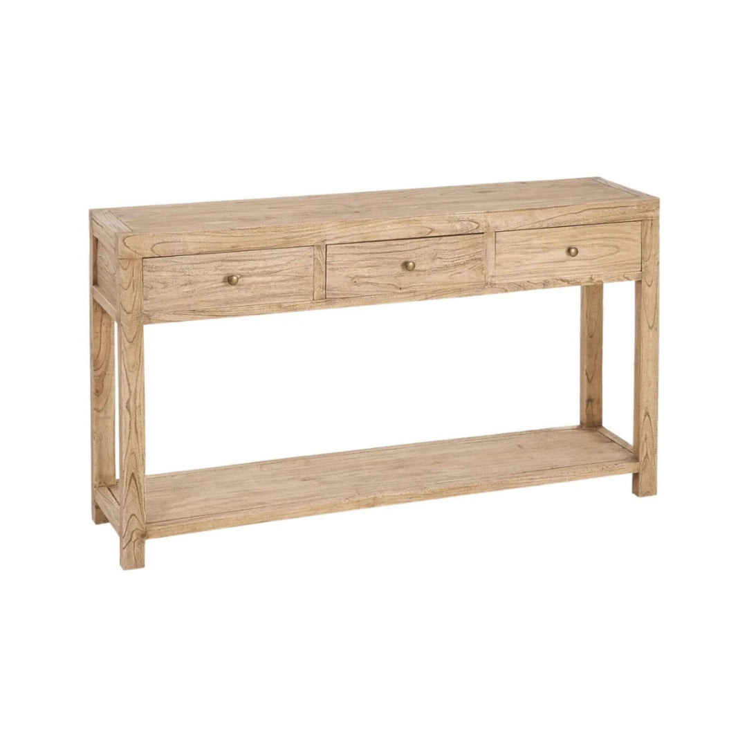 Front view of the mindi console table showing its three drawers, lower shelf, and natural wood finish.