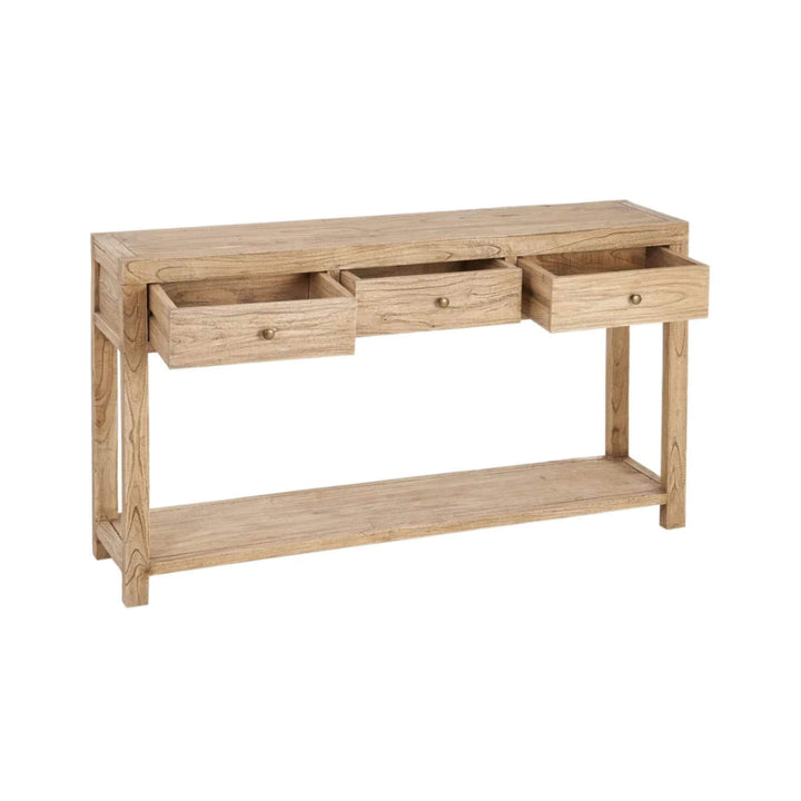 Front angled view showing the lower shelf and drawer layout of the table.