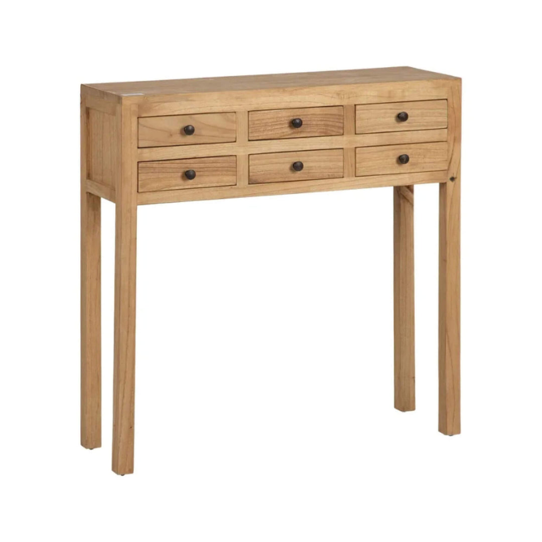 Angled view of compact mindi wood console table with six drawers