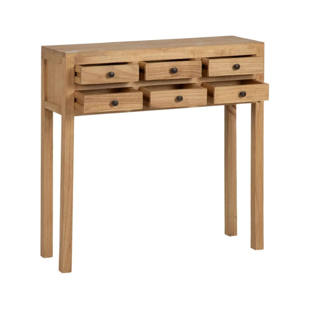 Small natural wood console table with open storage drawers