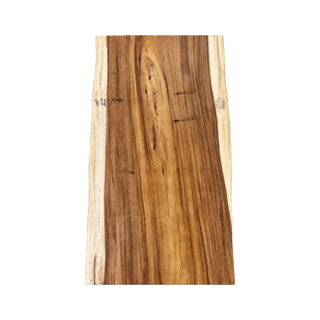 Top view of the Minerva dining table showing the rich suar wood grain and natural tonal variations