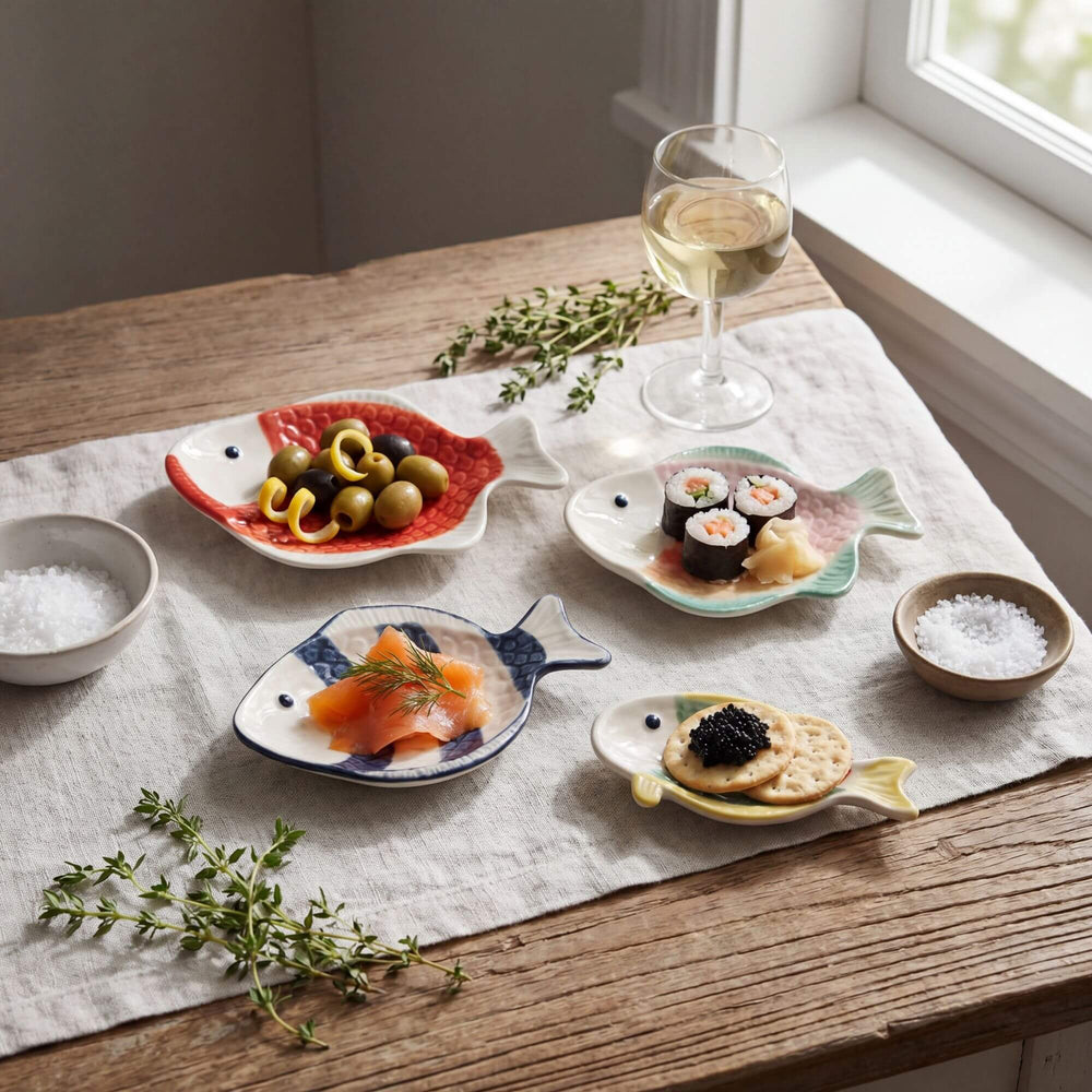 Styled table setting featuring mini ceramic fish dishes used for olives and small bites.