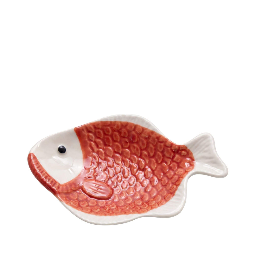 Front view of the red mini ceramic fish dish with textured glazed surface.