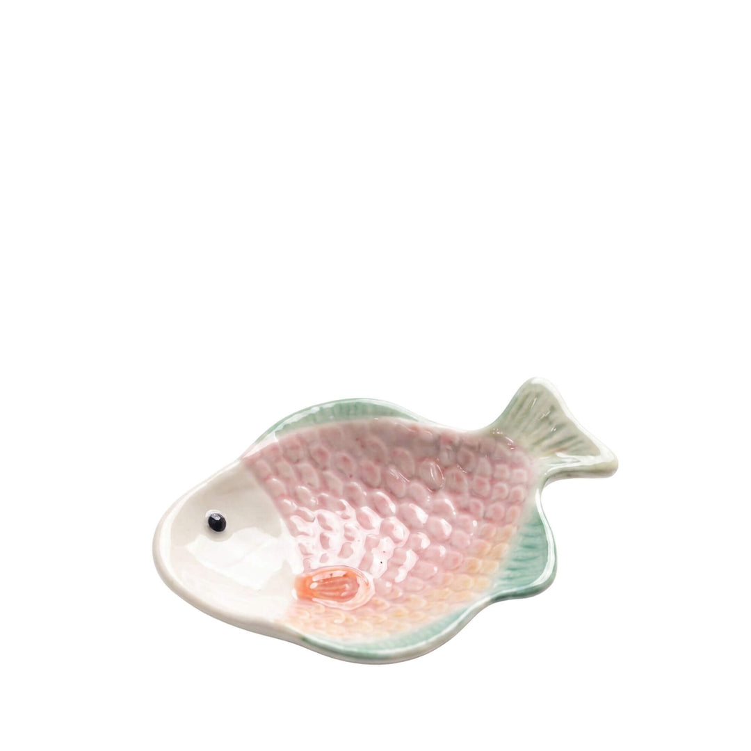Front view of the pastel mini ceramic fish dish with soft multicolor glaze.