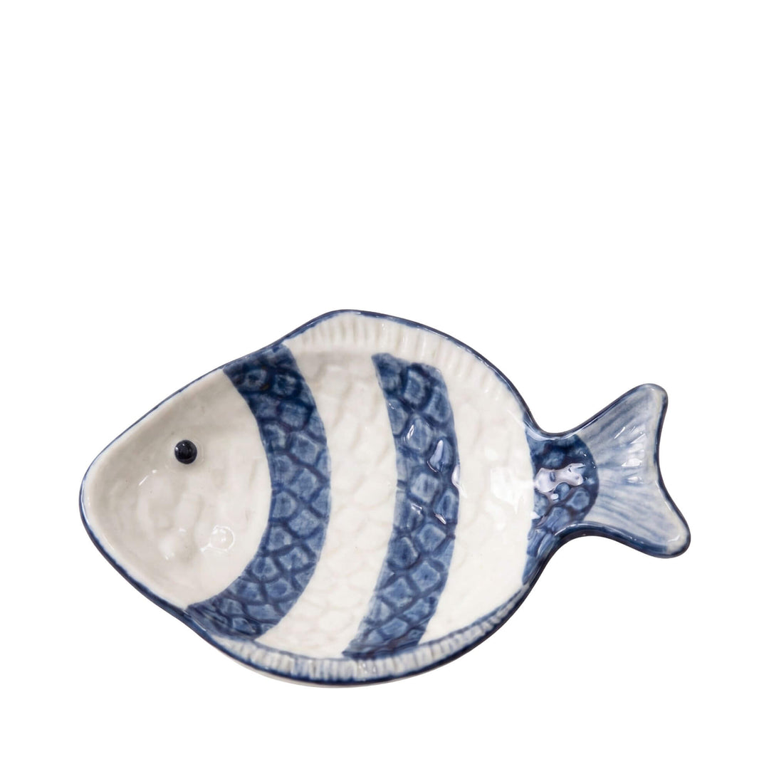 Front view of the blue striped mini ceramic fish dish showing its coastal-inspired design.