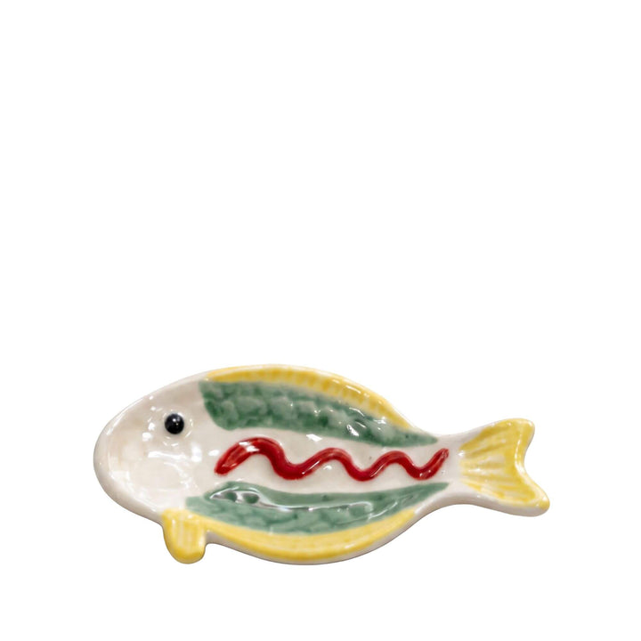 Front view of the yellow and green mini ceramic fish dish with decorative red detail.