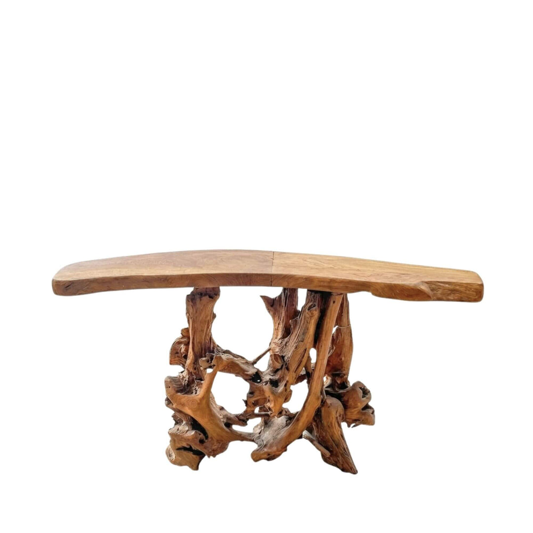 Back view of Mitra Teak Root Bar Table showcasing the sculptural teak root base and solid wood top.