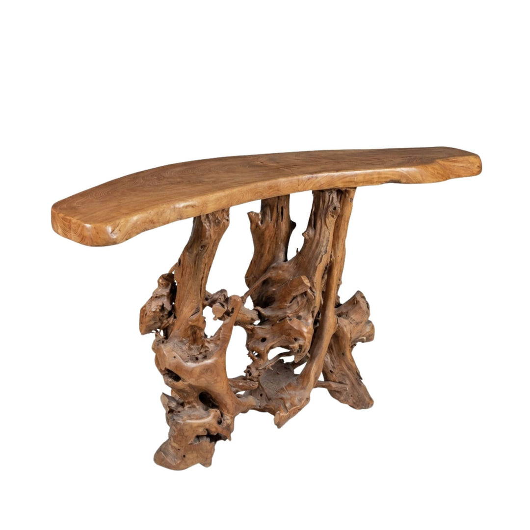 Angled back view of Mitra Teak Root Bar Table showcasing the sculptural teak root base and solid wood top.