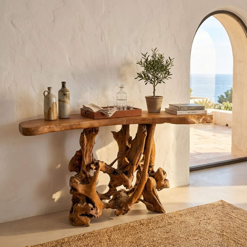 Styled interior view of Mitra Bar Table placed in a dining or bar setting, highlighting its organic design.