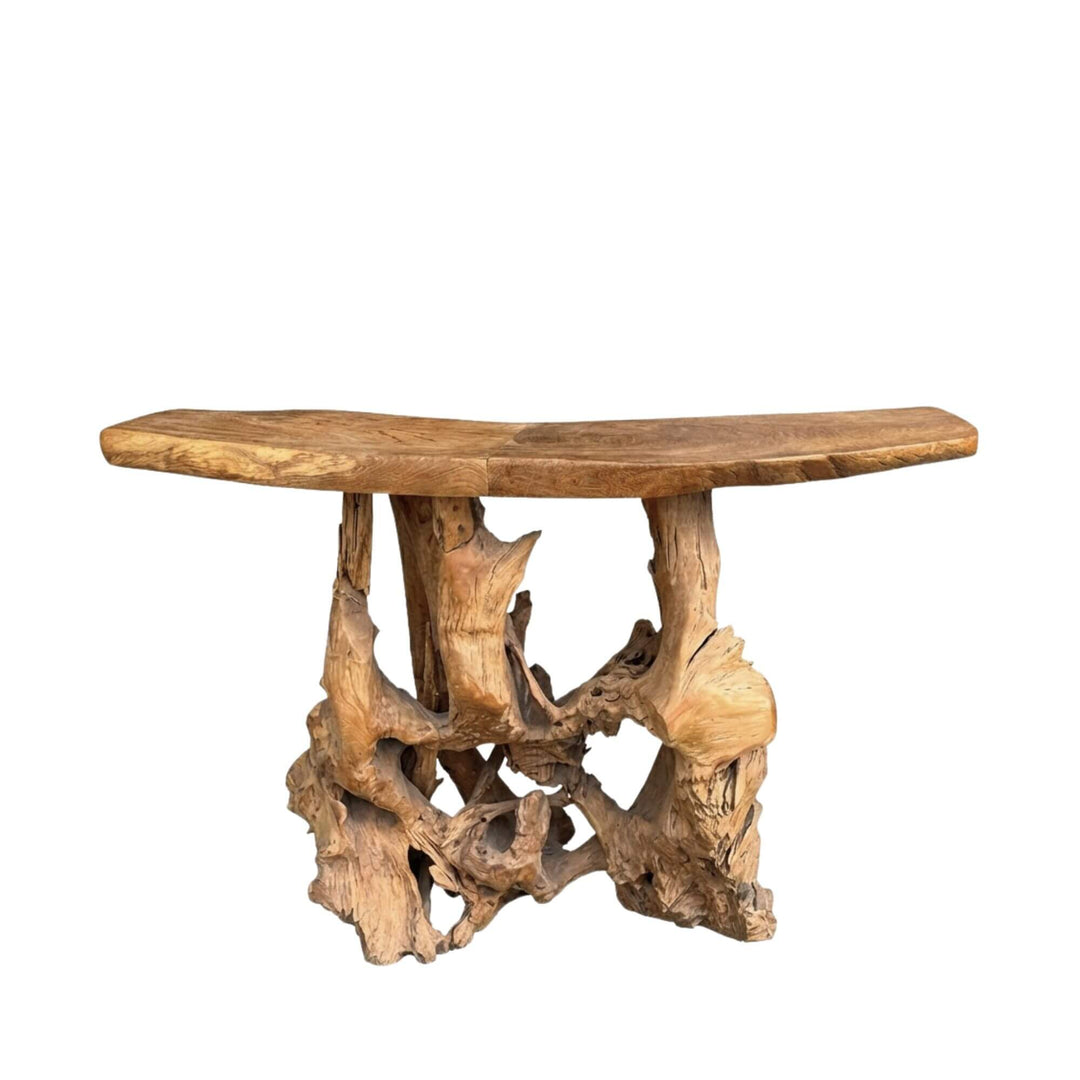 Front view of Mitra Teak Root Bar Table showcasing the sculptural teak root base and solid wood top.