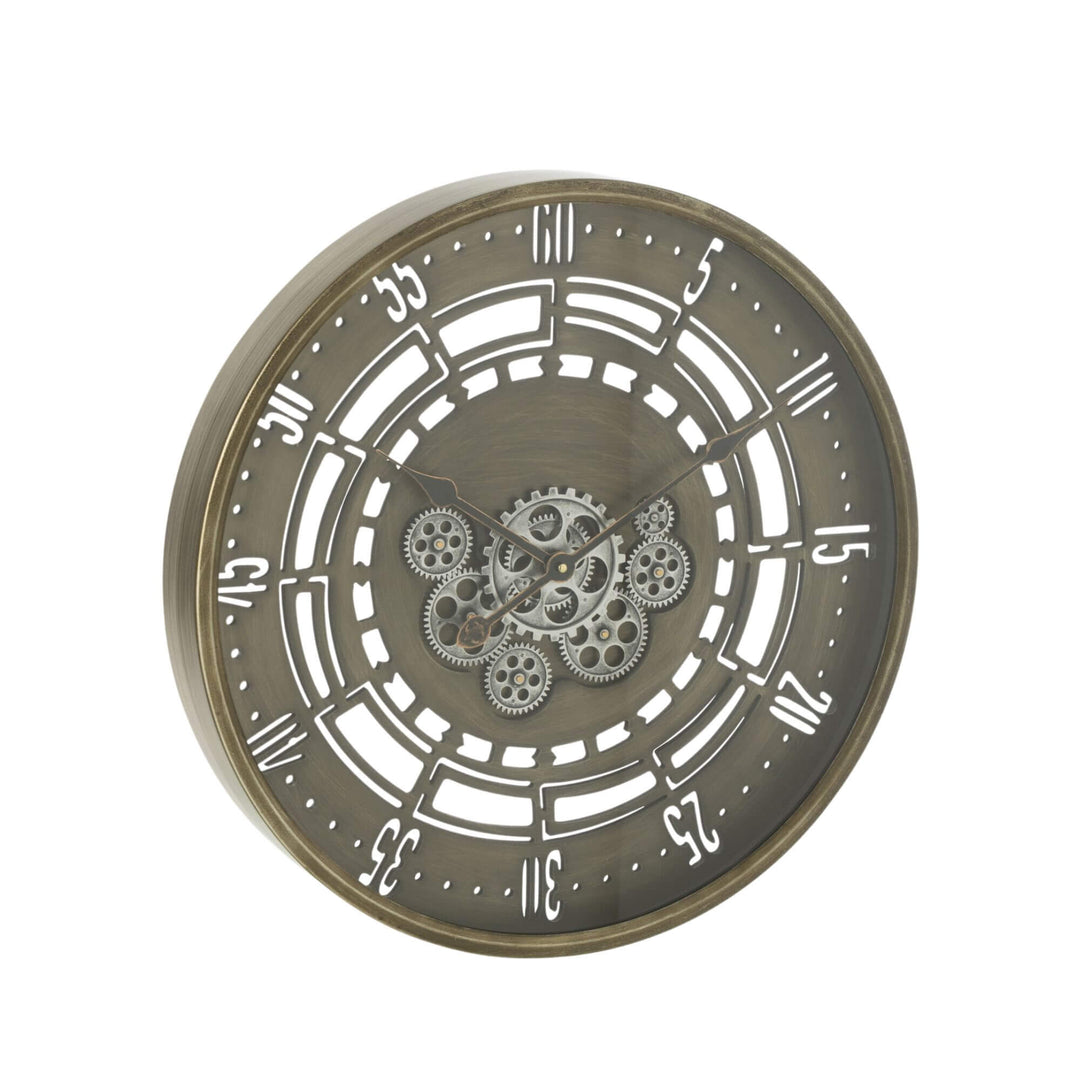 Front view of the Mitreo metal wall clock showing its openwork dial and decorative gear center.
