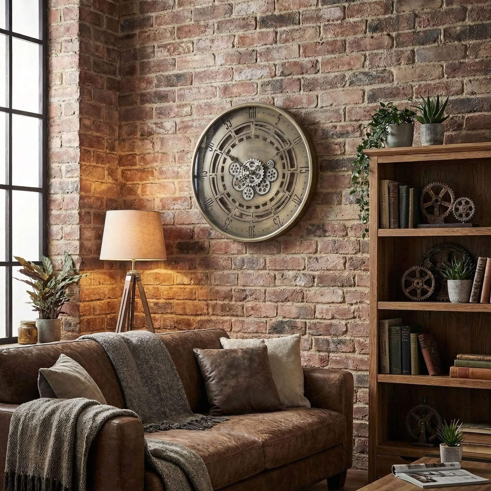 Styled industrial living room featuring the Mitreo wall clock mounted on a brick wall.