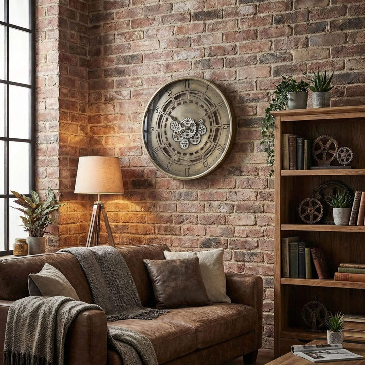 Styled industrial living room featuring the Mitreo wall clock mounted on a brick wall.