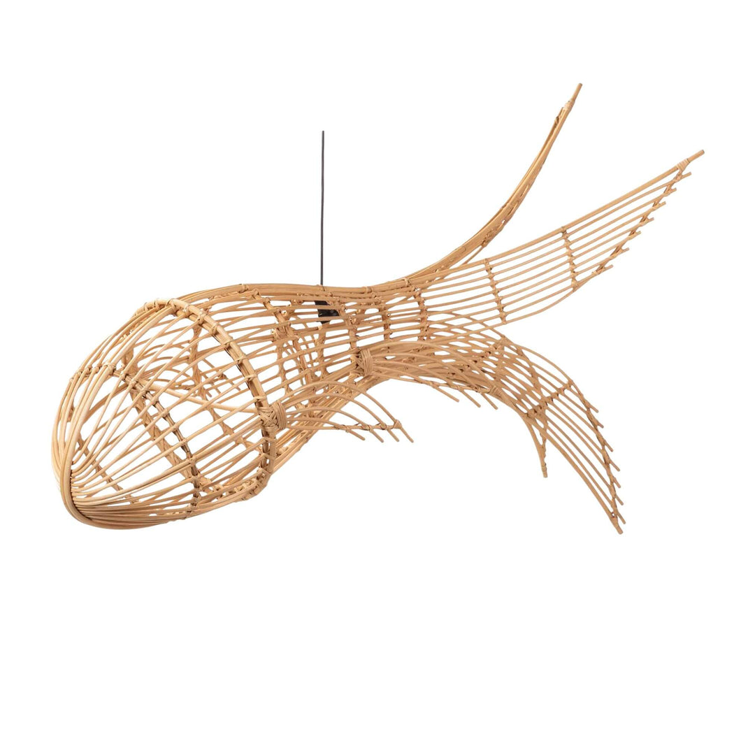Moby ceiling lamp in whale shape, handcrafted from natural rattan, 180×80×80 cm.