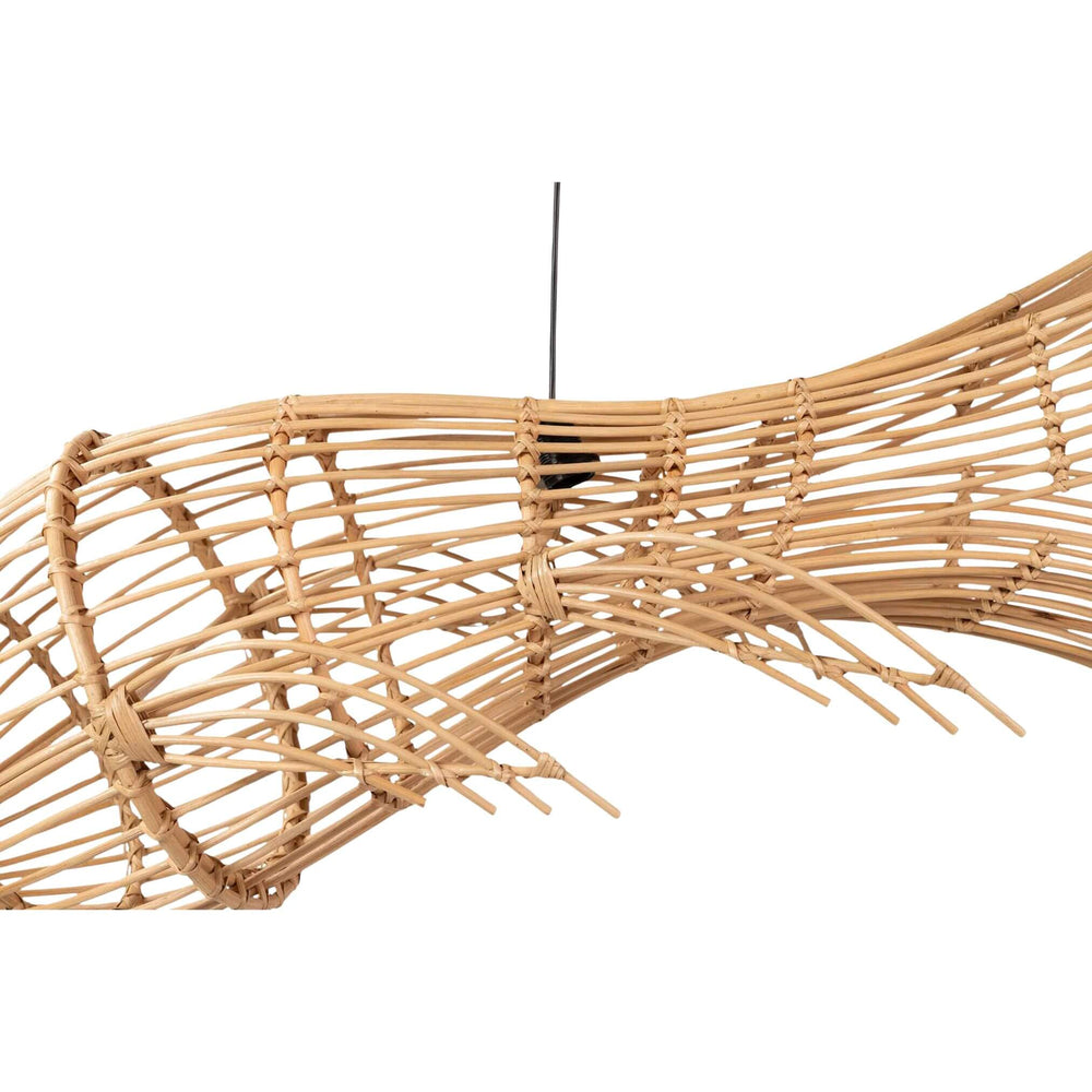 Side view of Moby rattan ceiling lamp showing sculptural whale tail design.