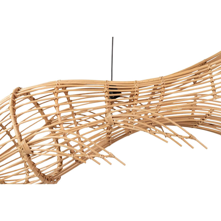 Side view of Moby rattan ceiling lamp showing sculptural whale tail design.