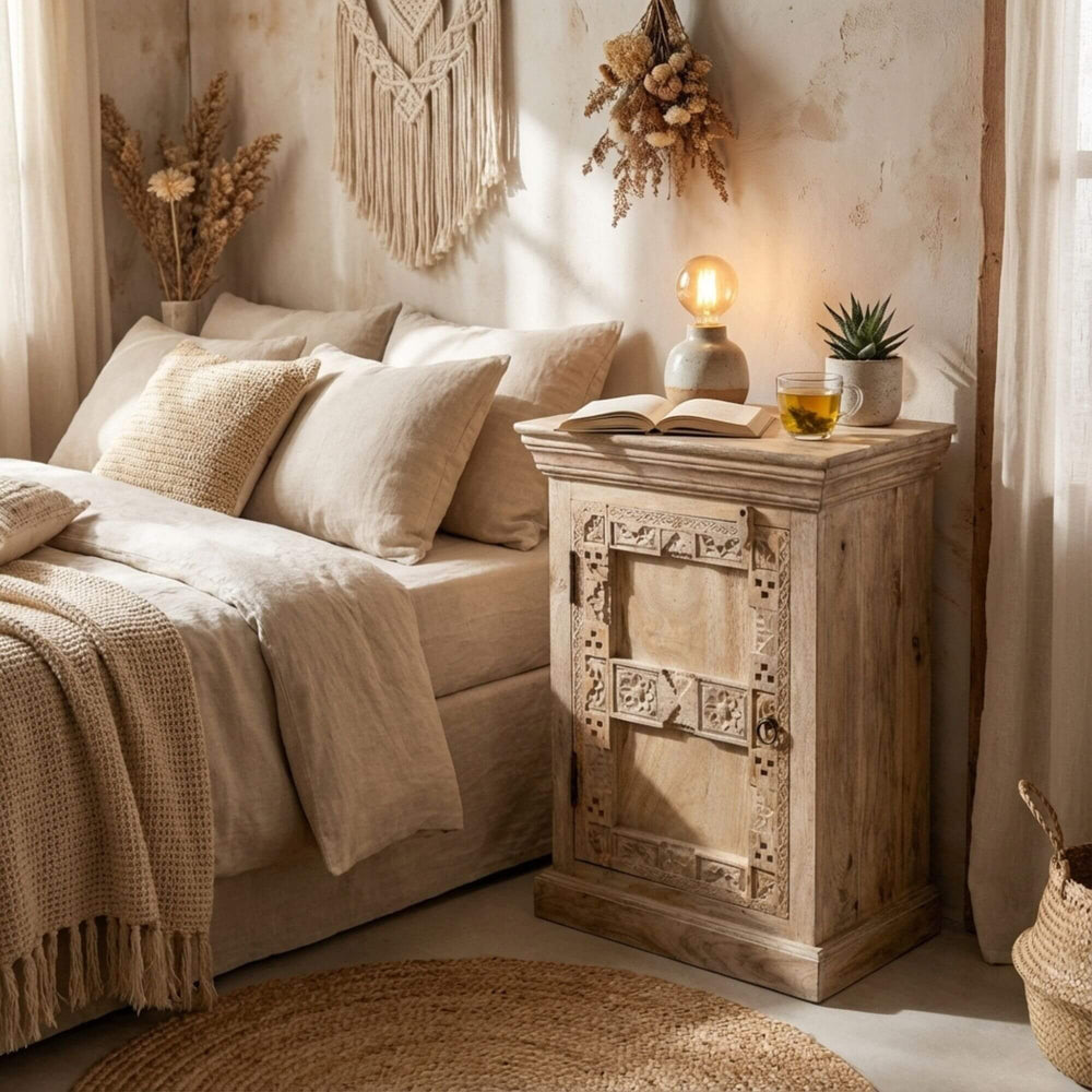 Bedroom setting featuring the Moheli bedside table beside a bed in a natural interior.