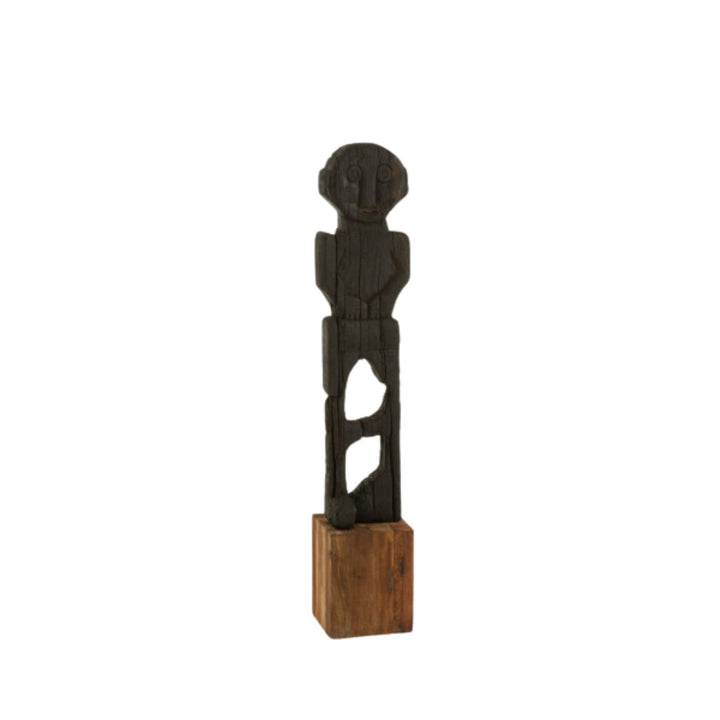 Front view of Moheli Stand Deco, carved recycled wood figurative sculpture on a square wooden base.
