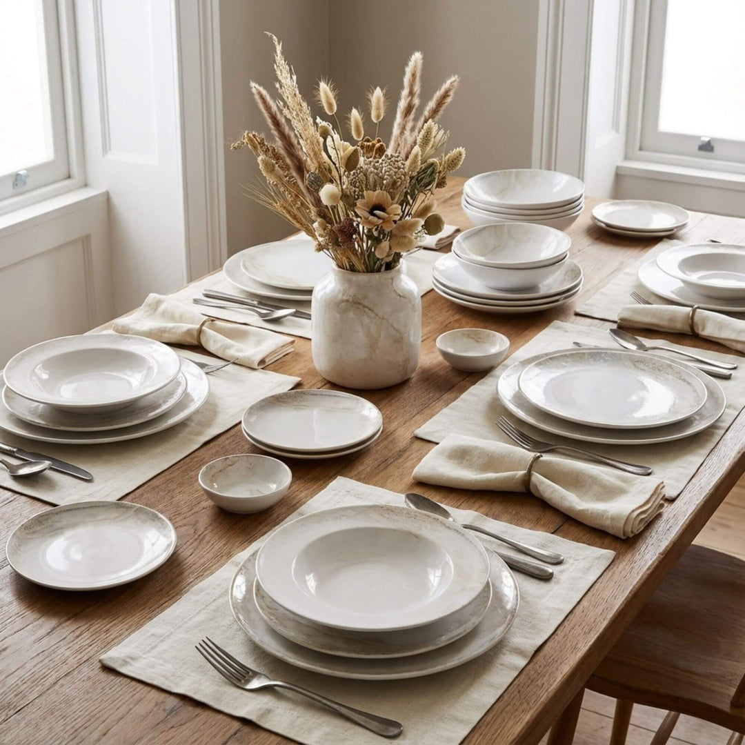 Styled dining table featuring Mojave ceramic dinnerware collection.