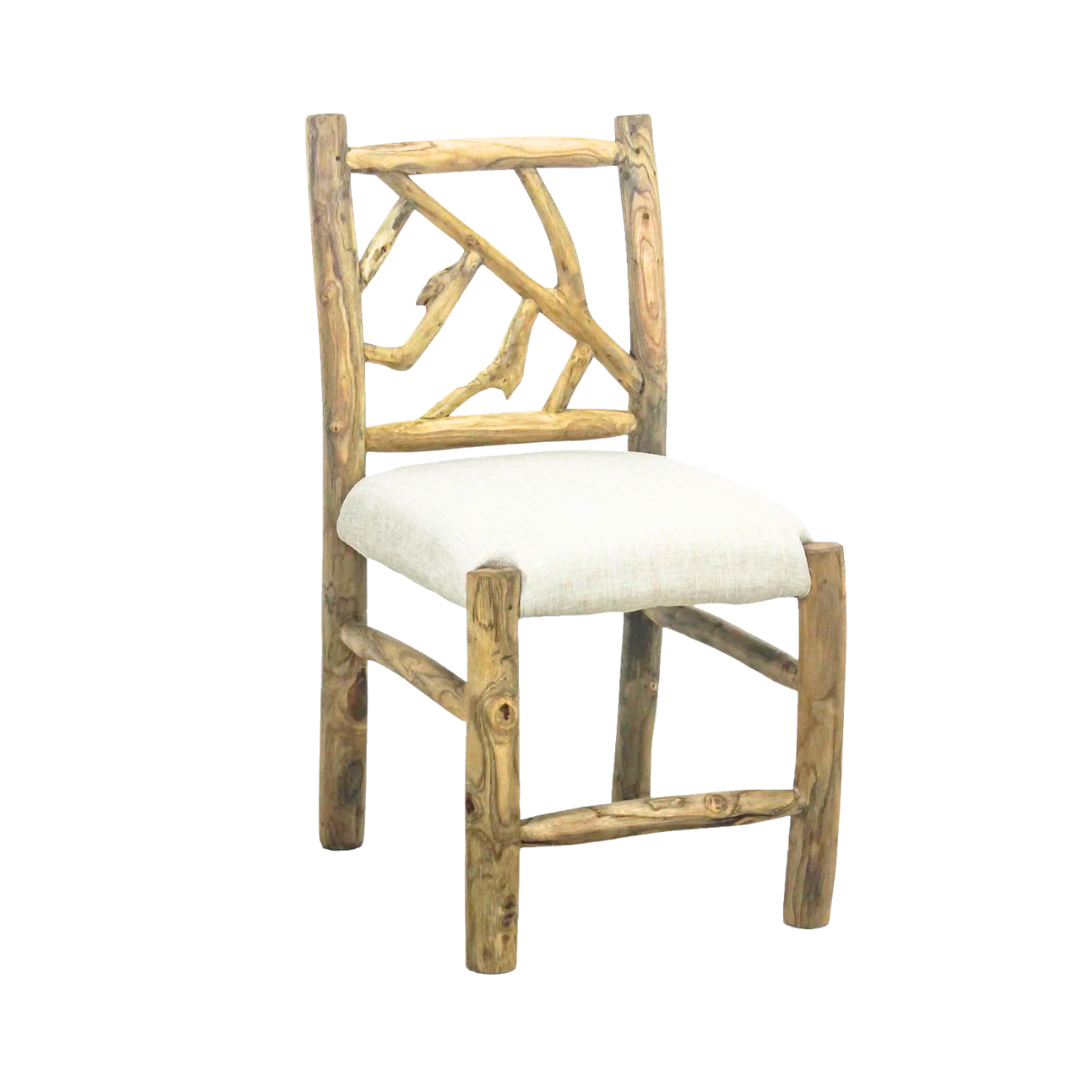 Front view of Molokai teak branch dining chair with natural frame and cushion