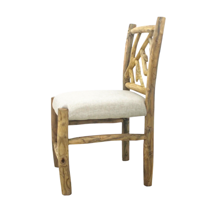 Side profile showing organic teak branch backrest and cushioned seat