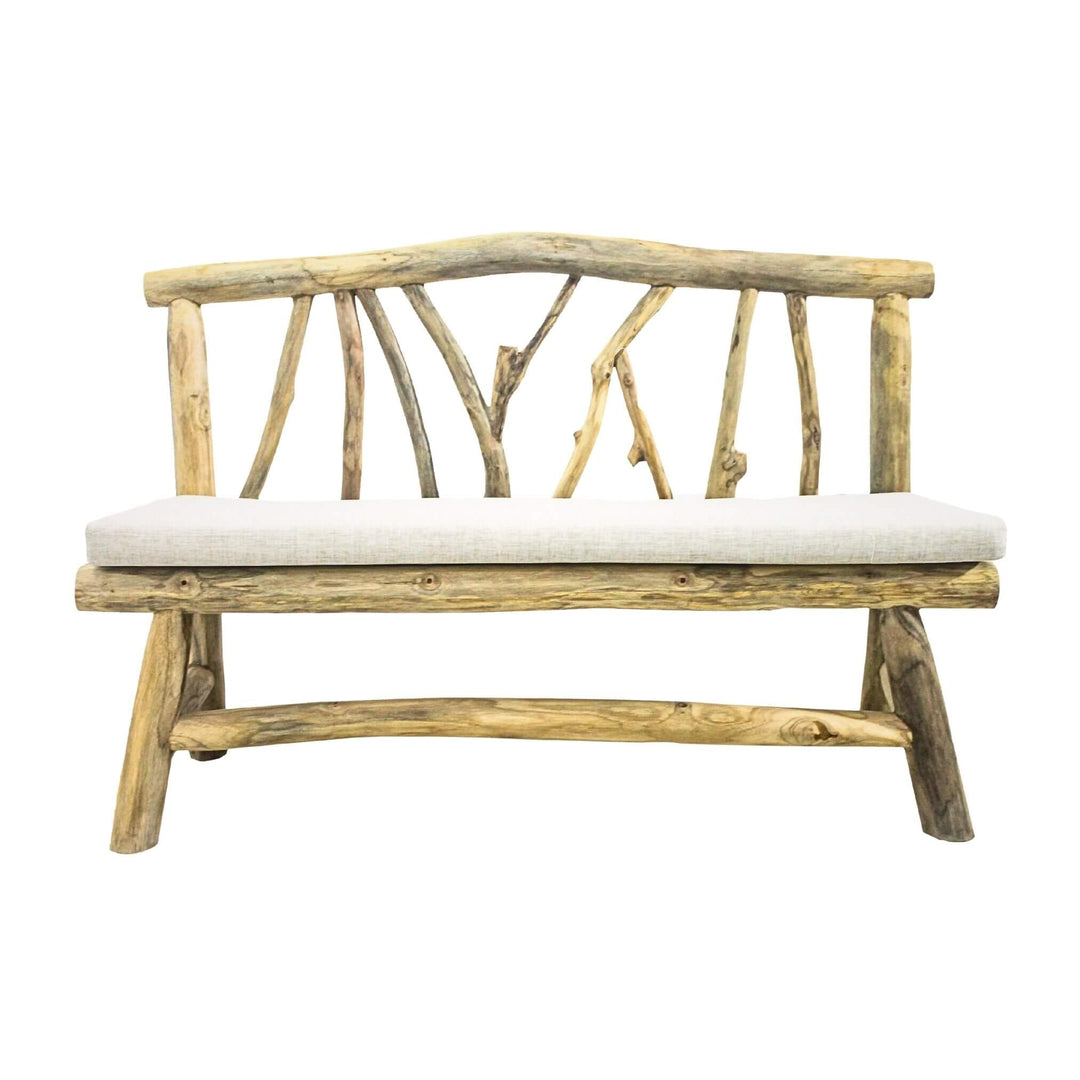 Front view of Molokai teak branch bench with cushion
