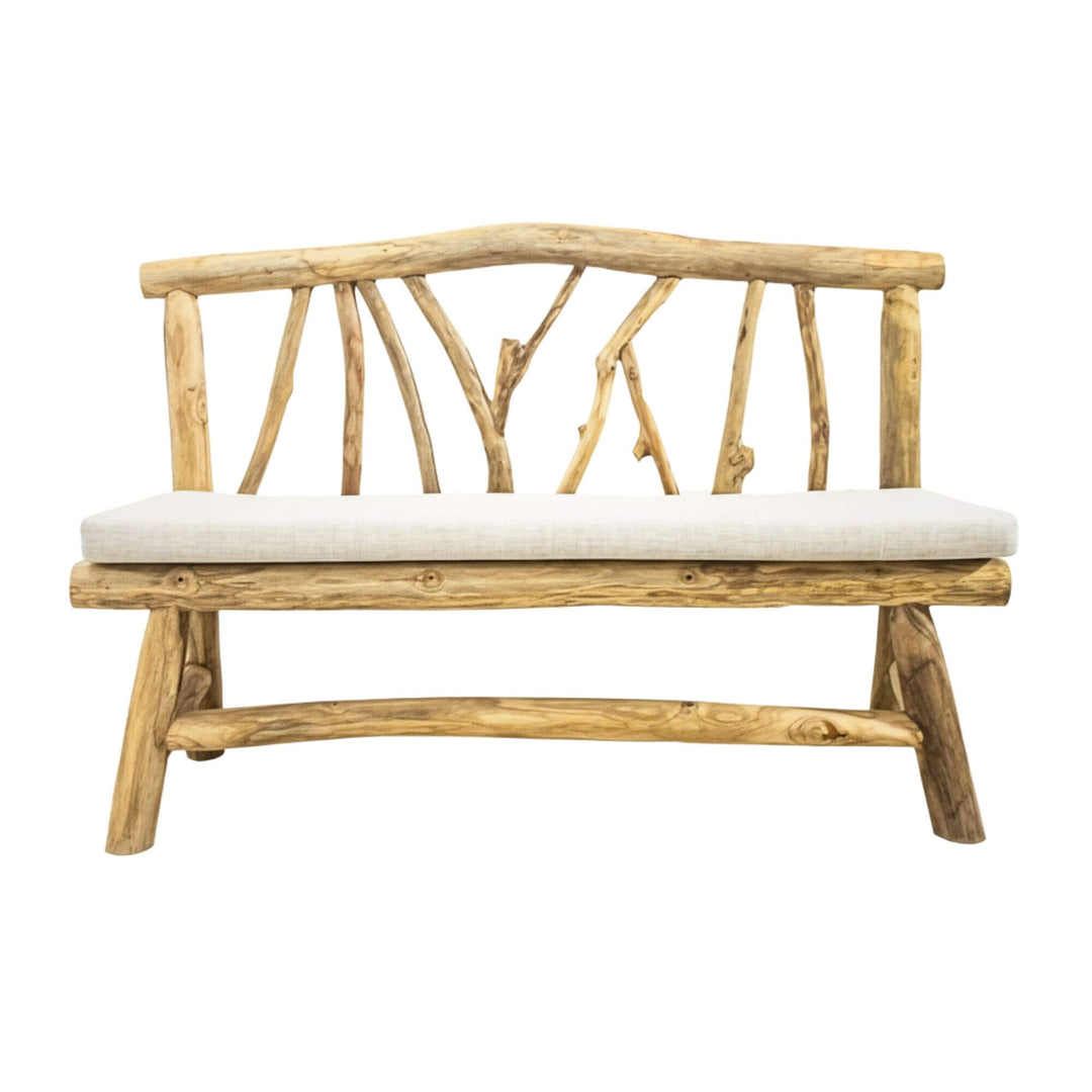 Front view of Molokai teak branch bench with cushion