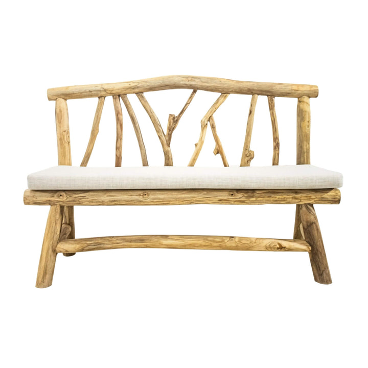Front view of Molokai teak branch bench with cushion