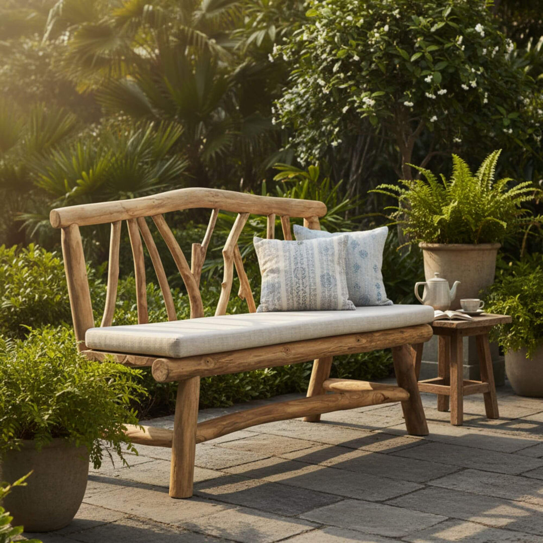 Outdoor terrace setting of Molokai Teak Wood Bench