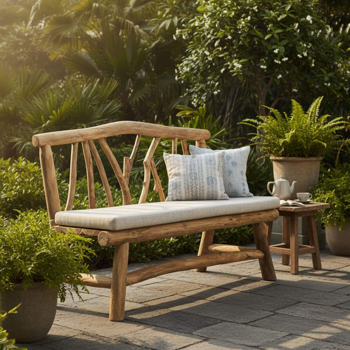 Outdoor terrace setting of Molokai Teak Wood Bench