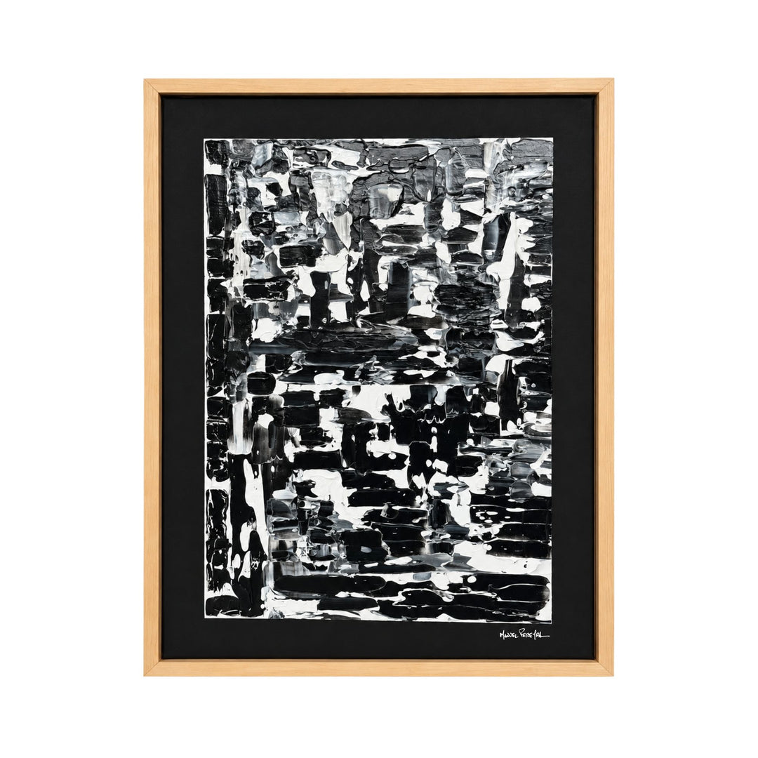 Front view of the Monochrome original painting by Manuel Pereyra with layered black, white, charcoal, and grey abstract textures