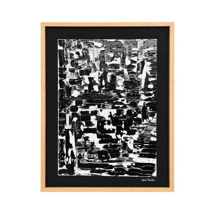 Front view of the Monochrome original painting by Manuel Pereyra with layered black, white, charcoal, and grey abstract textures