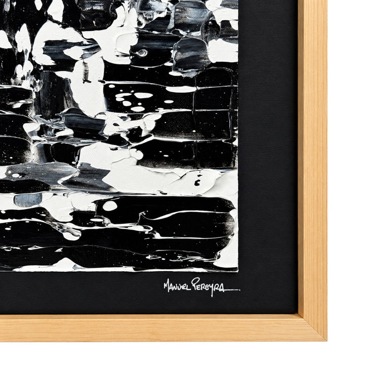 Close-up of the Monochrome artwork showing its textured mixed-media surface, black and white brushwork, and artist signature