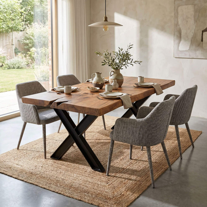 Styled dining room setting featuring the Moorea X table in a warm contemporary interior.