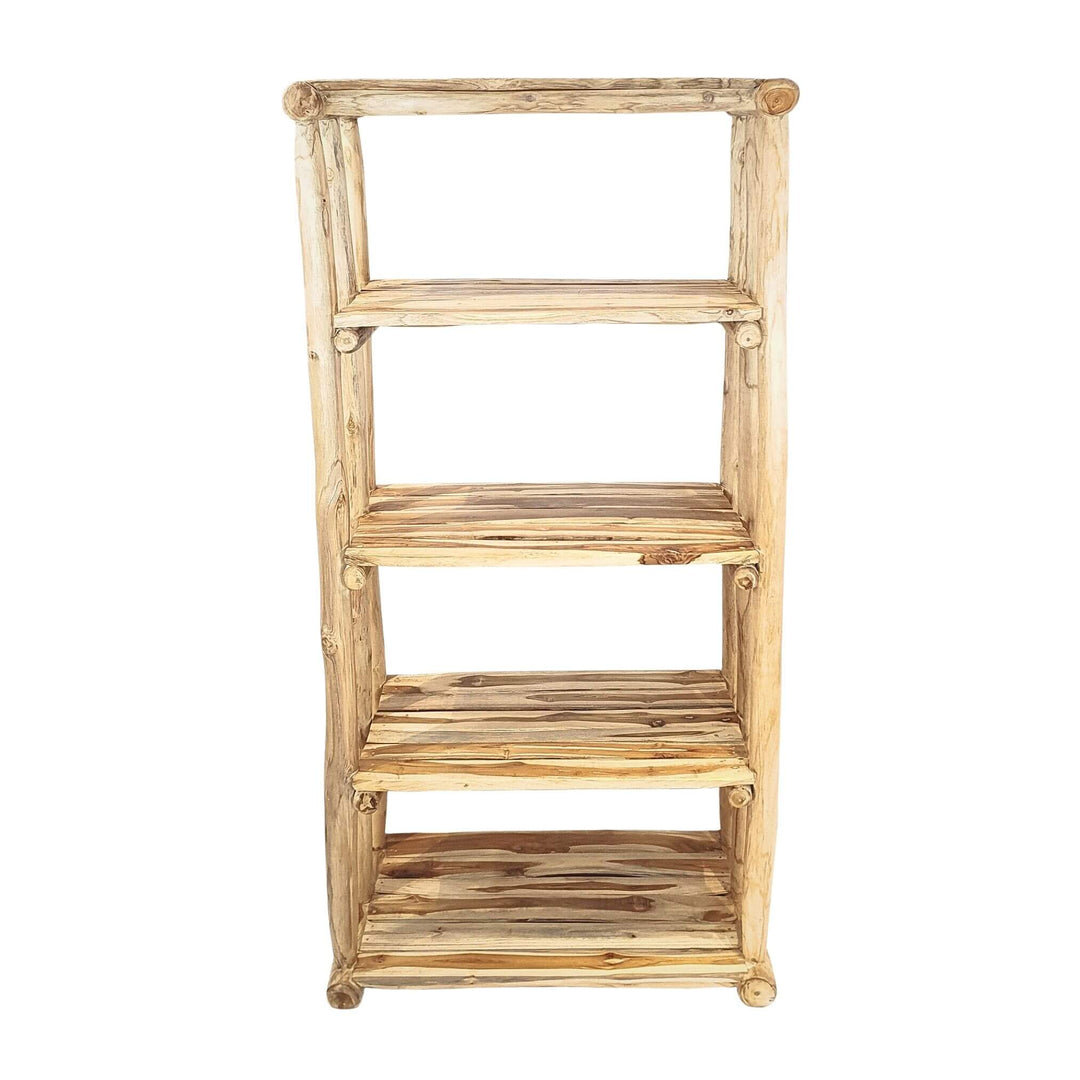 Front view of Morioka teak branch bookcase with open shelves
