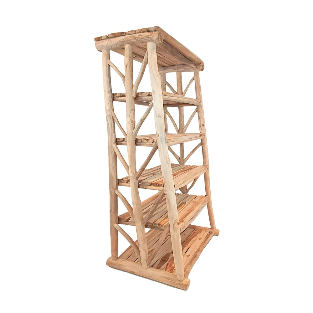 Side profile of natural teak branch bookcase showing organic frame