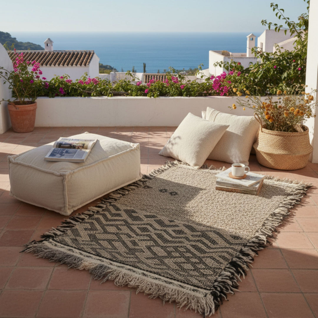 Mediterranean-inspired patio setting with the Moroccan rug displayed on the floor.