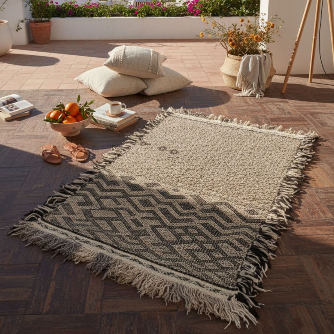 Outdoor terrace scene featuring the Moroccan rug styled with cushions.