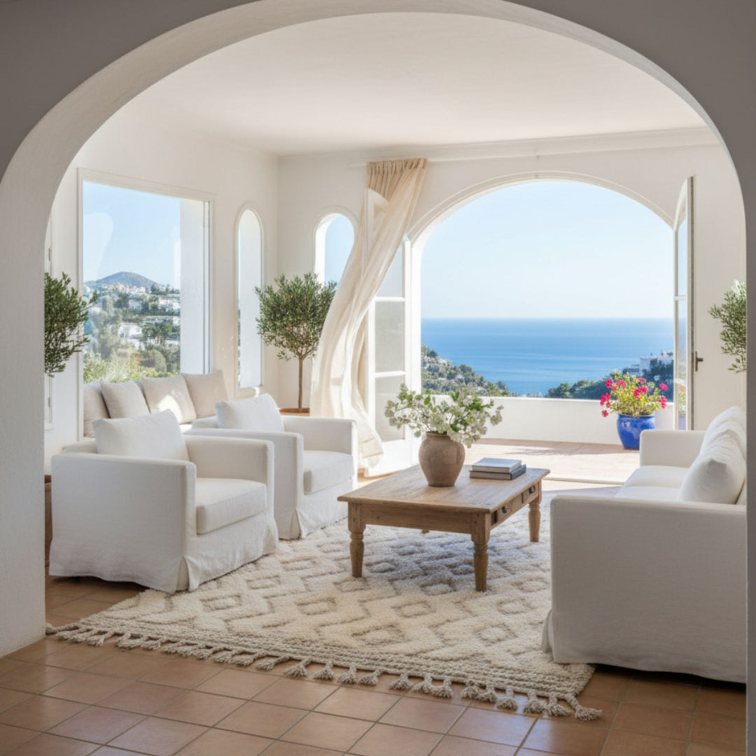 Bright Mediterranean living room featuring the Moroccan rug under a coffee table.