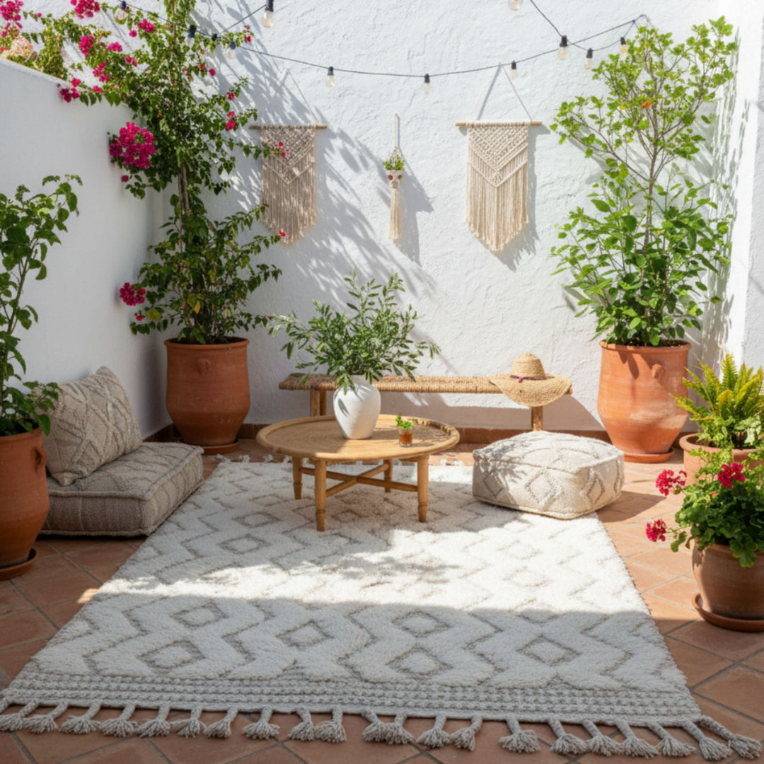 Outdoor terrace scene with the Moroccan rug styled among plants and rustic seating.