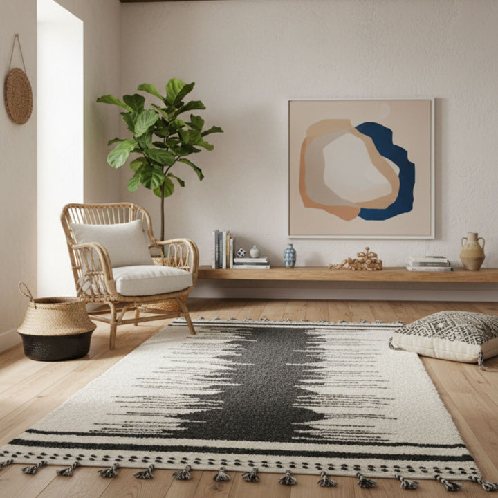 Living room setting featuring the Moroccan rug under a coffee table.