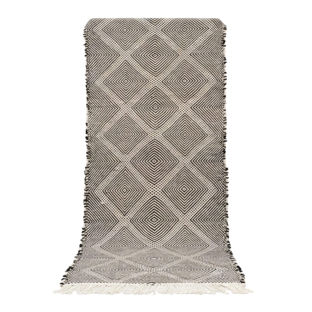 Front view of the Moroccan Rug in grey and cream tones with geometric diamond design.