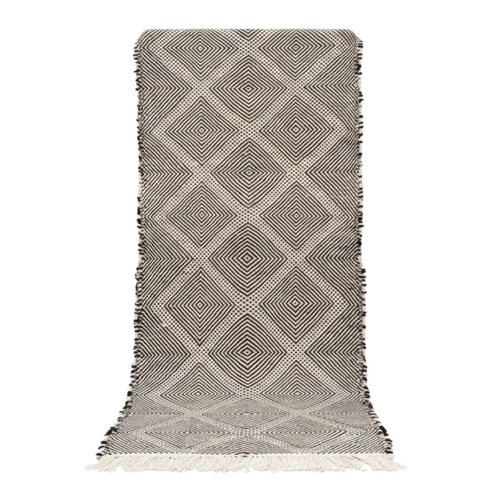 Front view of the Moroccan Rug in grey and cream tones with geometric diamond design.