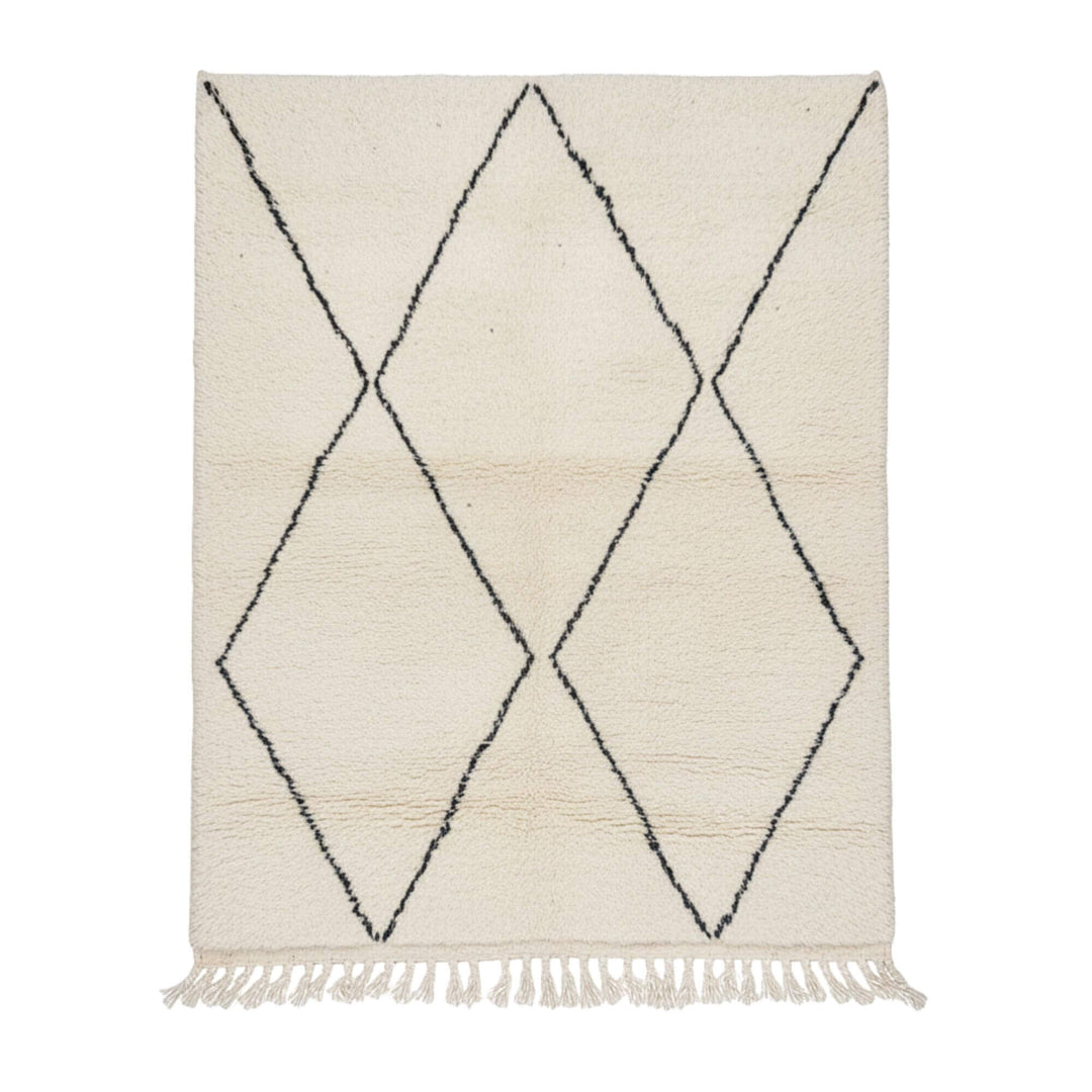 Front view of the Moroccan Rug in cream with dark diamond pattern.