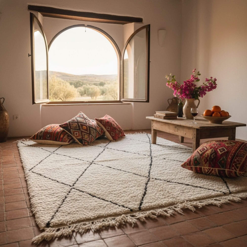 Cozy interior with the Moroccan Rug placed near seating cushions.