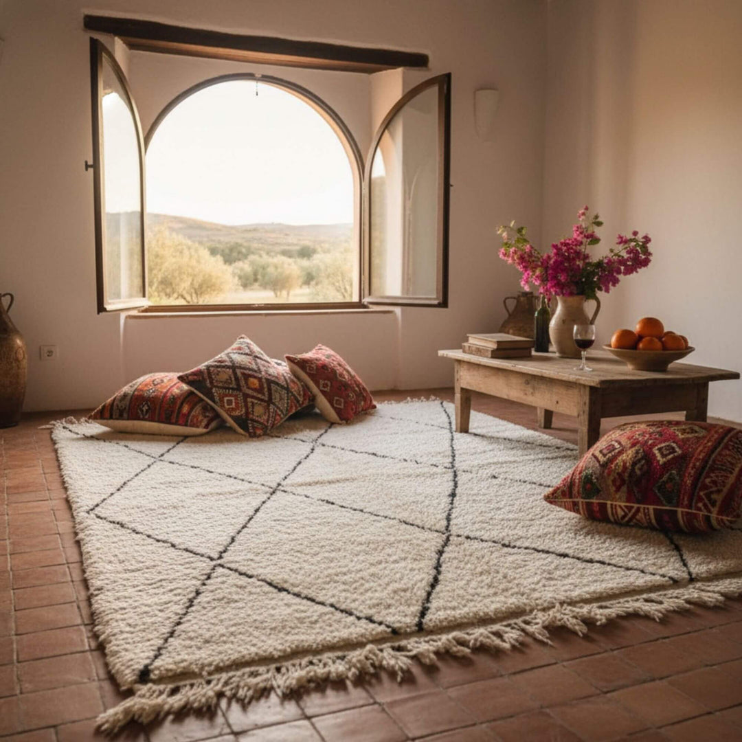 Cozy interior with the Moroccan Rug placed near seating cushions.